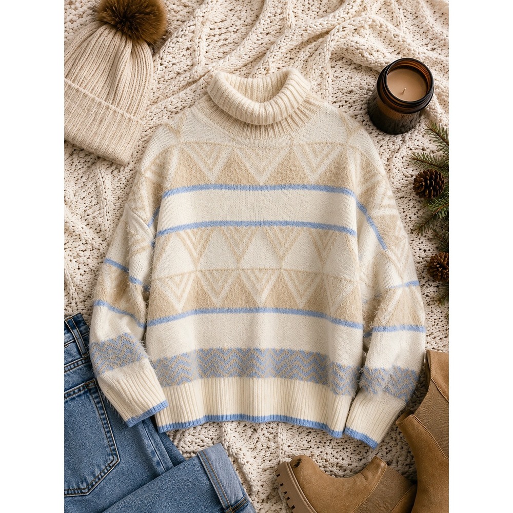 Davi & Dani Womens Turtleneck Sweater Cream Blue Geometric Eyelash Knit DWT24116